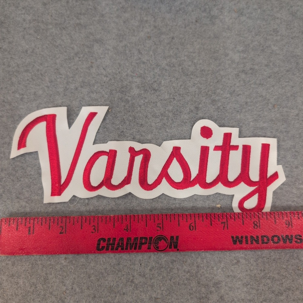 Varsity Script Embroidered Patch Red White Collegiate Letterman Applique - Picture 2 of 3